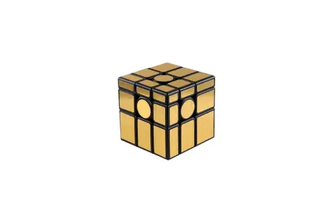 Złoty mirror cube, błyszczący jak lustro, z czarnymi ramkami i okrągłymi elementami.