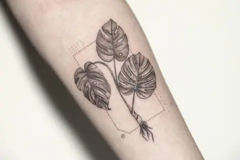 Monstera tatuaż znaczenie: trzy liście monstery z korzeniami, otoczone kropkowaną ramką. Symbolizuje wzrost, siłę i piękno natury.