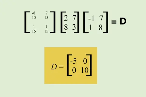 Macierz diagonalna D = [[-5, 0], [0, 10]] jest wynikiem mnożenia trzech macierzy.