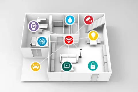 Schemat nowoczesnego smart domu z ikonami: ogrzewanie, klimatyzacja, woda, kamera, światło, Wi-Fi, samochód, zamek, laptop i smartwatch.