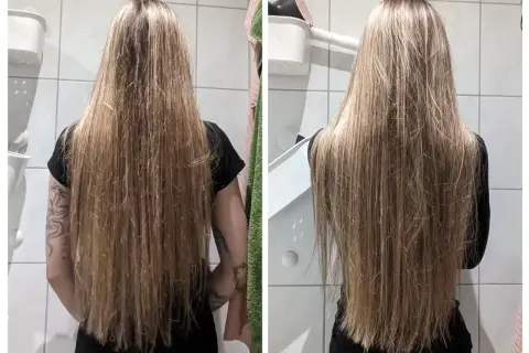 Długie, blond włosy przed i po zastosowaniu olejków do włosów. Włosy stały się gładsze i bardziej lśniące.