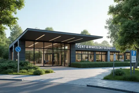 Centrum Onkologii w Warszawie. Jak dojechać z dworca centralnego? Nowoczesny budynek z dużymi oknami i zielenią.