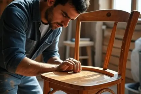 Un artisan concentré sur la rénovation d'une chaise en bois, redonnant vie à ce meuble ancien.