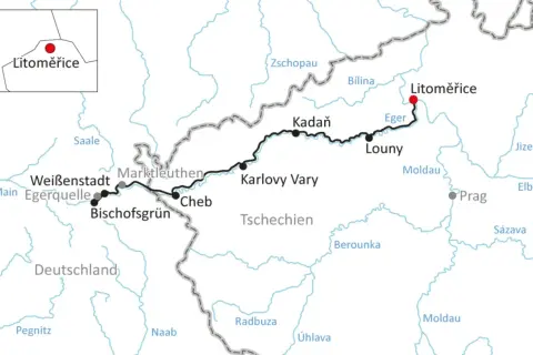 Karte zeigt den Eger Radweg von Weißenstadt über Karlsbad bis Litoměřice.