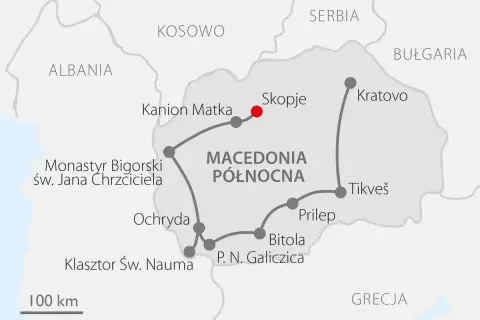 Mapa turystyczna Macedonii Północnej z zaznaczonymi atrakcjami: Skopje, Kanion Matka, Ochryda, Bitola. Skala 100 km.
