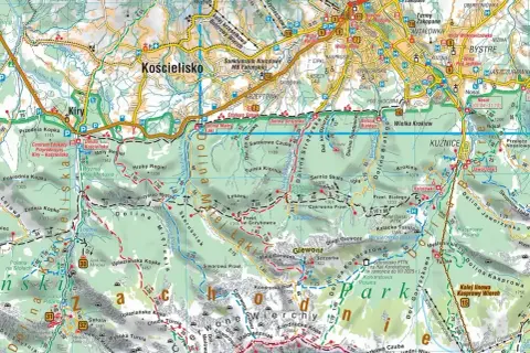 Fragment mapy Tatr z zaznaczonymi szlakami, dolinami i szczytami. Widoczne m.in. Kościelisko, Zakopane, Dolina Miętusia. Część dziennej trasy rajdu.
