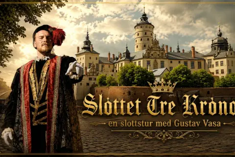 Gustav Vasa pekar mot slottet Tre Kronor, där han bodde. En kunglig gestalt i historisk dräkt framför ett ståtligt slott.