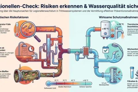 Illustration zeigt, wie Legionellen wachsen und wie ein Durchlauferhitzer hilft, sie zu bekämpfen.