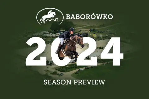 Baborówko zawody konne 2024: sezon w pełni! Skok jeźdźca na koniu nad przeszkodą.
