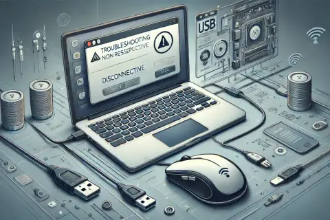 Komputer wyświetla komunikat "DISCONNECTIVE". Myszka bezprzewodowa nie działa, mimo podłączonych kabli USB.
