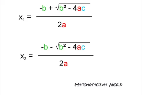 Wzory na pierwiastki równań kwadratowych: x1 i x2. "Matematyczny Nerd" w rogu.