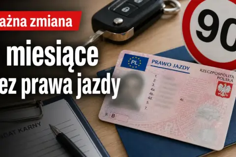 Kluczyki, prawo jazdy i znak 90. Na pierwszym planie formularz "Mandat karny". Grozi 3 miesiące bez prawa jazdy.