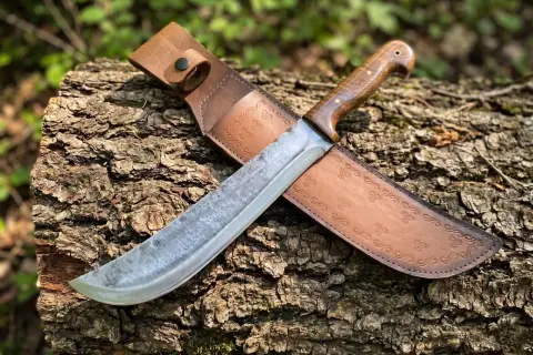 Machete de hoja ancha y mango de madera, con funda de cuero grabada. Descubre su machete precio.
