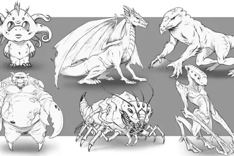 Bocetos de animales inventados para dibujar: un dragón, un troll con pinzas, un insectoide, un alienígena y dos criaturas más.