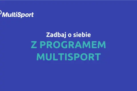 Logo MultiSport i tekst "Zadbaj o siebie z programem MultiSport" na granatowym tle.