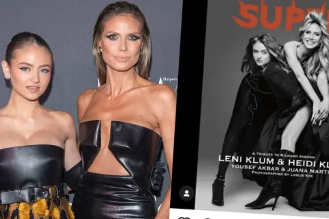 Heidi Klum och hennes dotter Leni på bild. De syns tillsammans på en tidningsomslag och på en röd matta. Heidi Klum barn.