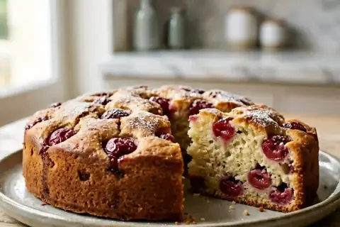 Un délicieux gâteau aux cerises, saupoudré de sucre glace, est présenté sur une assiette. Une part a été retirée, révélant la texture moelleuse et les fruits rouges.