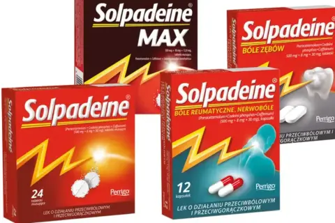 Opakowania leku Solpadeine z paracetamolem i kodeiną na ból zębów, reumatyzm i gorączkę.