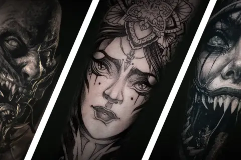 Drei detaillierte Blackwork Tattoos auf einem Männerarm: ein gruseliges Monstergesicht, eine Frau mit Blumenkranz und ein weiteres furchteinflößendes Wesen.