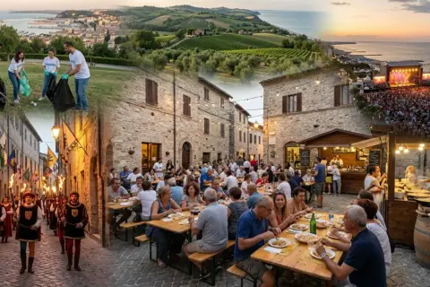 Un collage di immagini che mostrano la bellezza delle Marche: volontari puliscono un parco, un corteo storico, una cena all'aperto e un grande concerto sulla spiaggia.