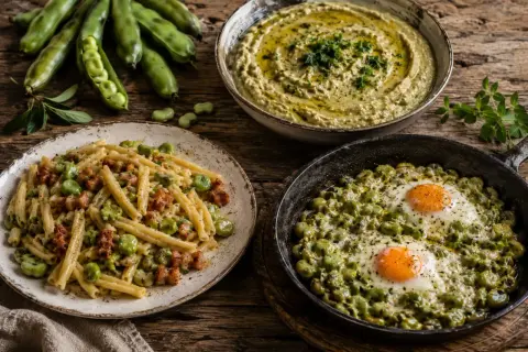 Pyszne dania z bobu: makaron z boczkiem, pasta z bobu i jajka sadzone na bobie.