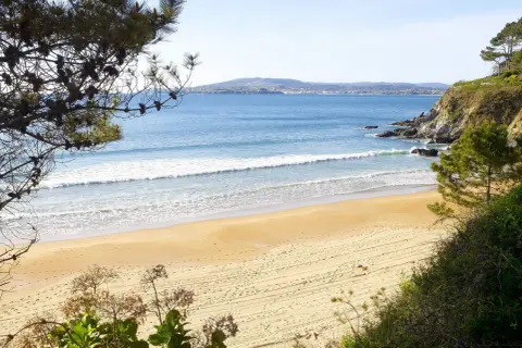 Una persona descansa en la arena dorada de la playa ber, con olas suaves rompiendo en la orilla y un paisaje costero al fondo.
