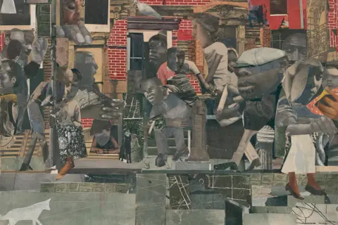 A collage of fragmented figures and urban scenes, this piece embodies formalism art through its bold composition and abstract representation of everyday life.