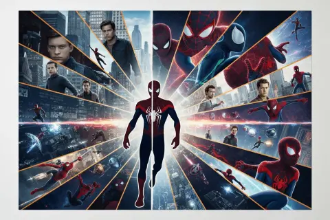Plakat z filmów o Spider-Manie, z Tomem Hollandem w roli głównej, przedstawia go w różnych strojach i scenach akcji, ukazując jego podróż przez multiwersum.
