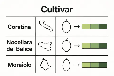 Tabella per come riconoscere le varietà di olivo: Coratina, Nocellara del Belice, Moraiolo, con indicazioni su forma e maturazione.