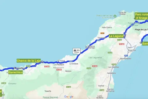 Carte des **activités à découvrir** à **Tenerife** : route de Garachico à Santa Cruz, passant par La Laguna et le Parc rural d'Anaga.