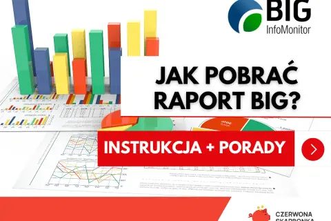 Kolorowe wykresy słupkowe i kołowe na tle dokumentów. Tekst: "JAK POBRAĆ RAPORT BIG? INSTRUKCJA + PORADY".