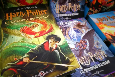Harry Potter i Komnata Tajemnic, z Harrym walczącym z bazyliszkiem, obok innych tomów tej magicznej zagadki.