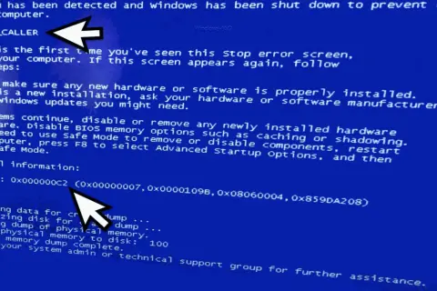 Blauer Bildschirm mit Fehlermeldung "BAD_POOL_CALLER". Ein Pfeil zeigt auf den Fehlercode.