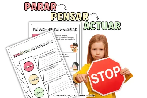 Niña muestra un semáforo de las emociones para imprimir, con las palabras "Parar, Pensar, Actuar" y un letrero de STOP.