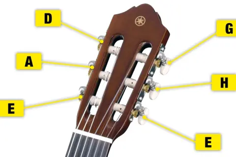 Konzertgitarre Saiten aufziehen: Der Hals und die Mechaniken der Gitarre mit den Noten E, A, D, G, H, E.