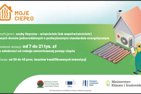 Grafika promuje program "Moje ciepło", oferujący dotacje na pompy ciepła do nowych domów. Idealne rozwiązanie dla spełnienia **moje ciepło wymagania**.