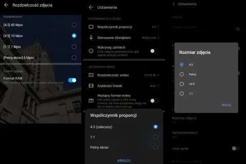 Jak zmienić format zdjęcia Samsung: wybierz "Rozmiar zdjęcia", a następnie proporcje 4:3, Pełny, 16:9 lub 1:1.