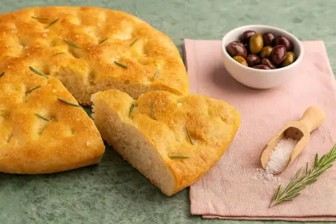 Goldbraune Focaccia, ein Stück davon abgetrennt, mit Rosmarin und grobem Salz bestreut. Daneben eine Schale Oliven und eine Holzschaufel mit Salz. Ein echtes original focaccia rezept.