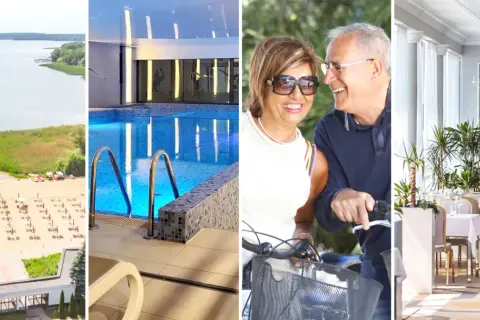 Wczasy dla emerytów z dojazdem: plaża, basen, rowerowa przejażdżka i elegancka restauracja.