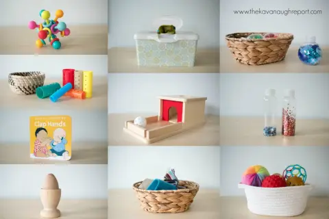 Montessori for 8 month old: colorful grasping toy, hair curlers, object permanence box, sensory bottles, and textured balls.