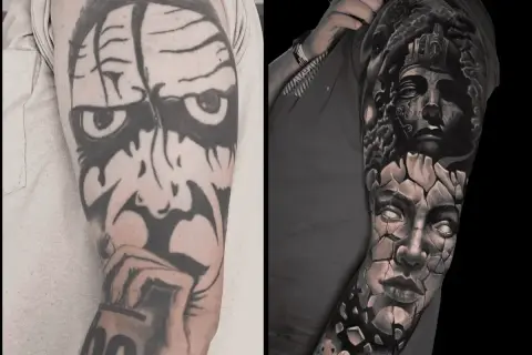 Vorher/Nachher: Ein altes, grobes Tattoo auf dem linken Arm wird zu einem detailreichen, zerbrechenden Gesicht mit antiker Statue auf dem rechten Arm. Ein beeindruckendes linien tattoo arm Kunstwerk.