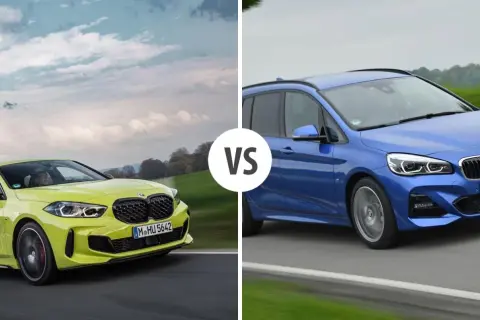 Dwa BMW hatchbacki: jeden żółty, drugi niebieski, jadące po drodze.