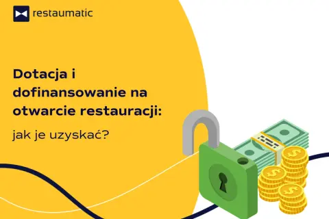 Otwórz restaurację z dotacją! Grafika pokazuje otwartą kłódkę, stos banknotów i monety, symbolizując dofinansowanie na otwarcie restauracji.