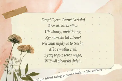 Wiersz z życzeniami na dzień taty, ozdobiony suszonymi kwiatami.