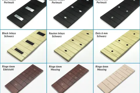Neun Gitarrenhälse mit verschiedenen Einlagen: Block, Rauten, Punkte und Ringe. Ein Hals mit Palisander Griffbrett und Messingeinlagen.