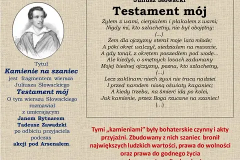 Portret Juliusza Słowackiego obok fragmentu "Testamentu mojego" i cytatu "jak kamienie, przez Boga rzucane na szaniec!".