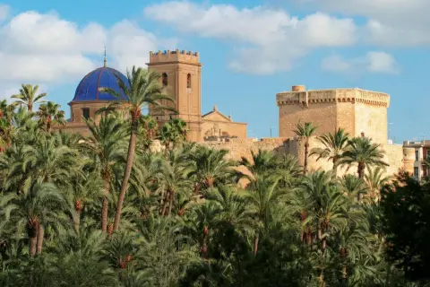 El Palmeral de Elche, con su altstadt y la cúpula azul, se alza entre palmeras bajo un cielo nublado.