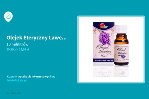 Butelka olejku lawendowego 10 ml z pudełkiem ozdobionym lawendą.