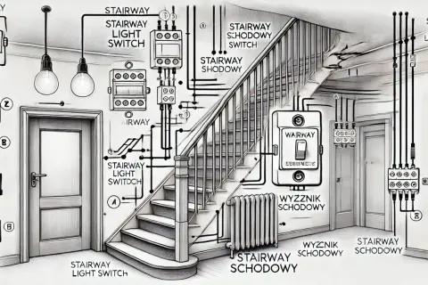 Schemat instalacji schodowej z wyłącznikiem schodowym. Widać, ile żył potrzebuje wyłącznik schodowy do prawidłowego działania.