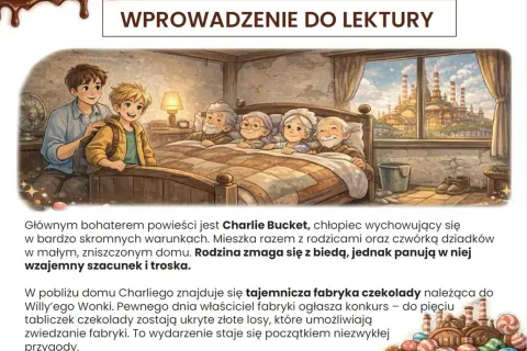 Charlie Bucket z rodziną w skromnym domu, w tle fabryka czekolady.